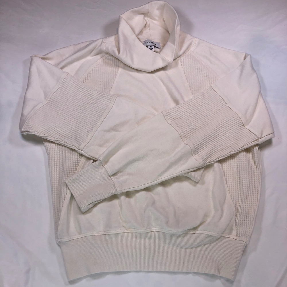 Evereve Mixed Media Waffle Knit Funnel Neck Sweatshirt Ivory Cream Womens Medium
